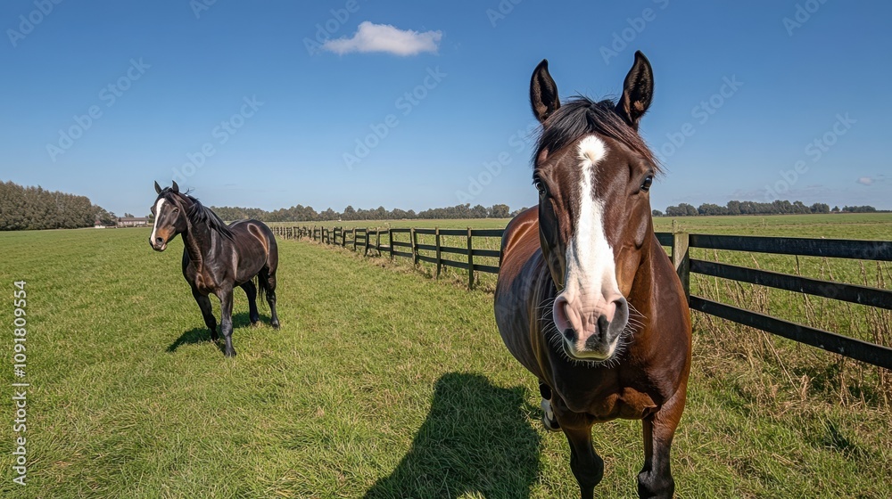 Obraz premium A majestic brown horse gallops across a green pasture, exuding grace and freedom under a vast, clear blue sky.