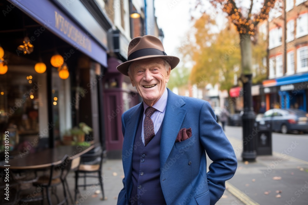Elderly man wearing a hat and jacket in an old street cafe Elderly man wearing a hat and jacket in an old street cafe