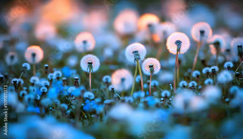 Serene sunset illuminates a field of delicate dandelion clocks, creating a dreamy, ethereal scene.  Perfect for nature, spring, and peace themes. photo