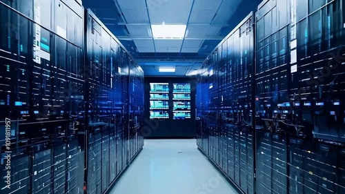 Video of a server room in a data center, blue light, slow dolly in shot