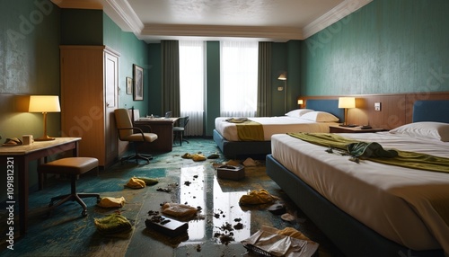 Extraterrestrial cleaners scrubbing out filthy, moldy hotel rooms after guests leave, surrounded by unsanitary conditions, Generative AI