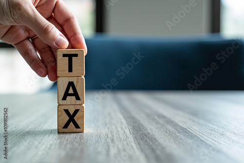 Hand stacking wooden blocks spelling TAX on table