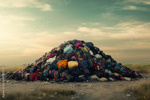 Pile of used clothes in a landfill photo