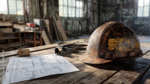 Aged Construction Hard Hat and Architectural Plans on a Wooden Table in Industrial Workspace With Natural Light from Large Windows photo