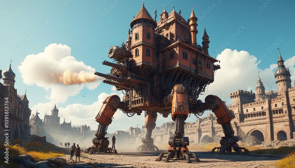 Naklejka premium A massive steam-powered walking fortress, with mechanical legs and cannons, slowly approaching an ancient city, Generative AI