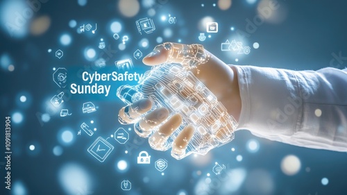 Futuristic handshake concept with digital icons and cybersafety sunday text photo