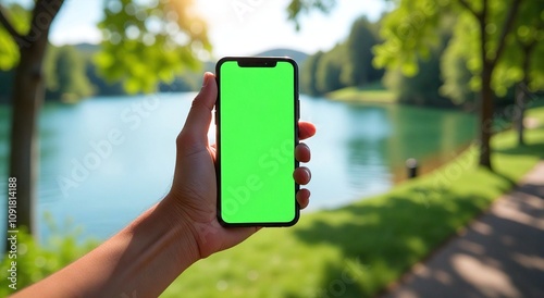 Fototapeta Naklejka Na Ścianę i Meble -  Hand holding smartphone with green screen in park with lake and trees, perfect for mockup and marketing presentation