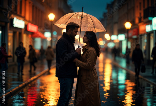 Romantic Couple Under Umbrella, City Night Rain, Streetlights Glow,A couple shares an intimate moment under a transparent umbrella on a rainslicked city street at night. Warm streetlights reflect in p photo