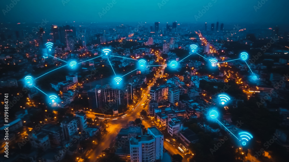 Obraz premium Smart digital Innovation Business skyscrapers in the Financial District with connection network reciprocity over the cityscape. of future smart wireless digital city and social media networking