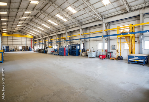 Industrial Factory Interior Spacious Warehouse, Machinery, Equipment,A vast industrial warehouse features various machinery, equipment, and workbenches. The high ceiling is lit by skylights and fluore photo