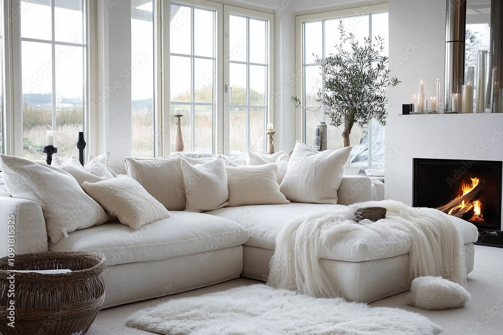 Fototapeta premium White corner sofa with fireplace. Modern home interior design