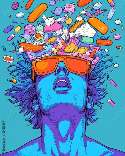 Man overwhelmed by consumerism and drug addiction in a colorful illustration