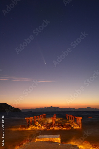 Beautiful Beach View Comet Tsuchinshan Atlas C2023 A3 and Blue Sea. Turgutreis, Bodrum, Turkey. photo