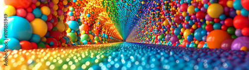 A vibrant tunnel crafted from multicolored spheres creates a mesmerizing rainbow spectacle with striking depth and realism photo