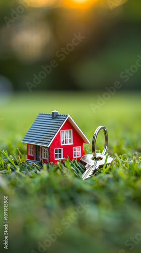 Un petit modèle de maison rouge avec une clé sur l'herbe verte.