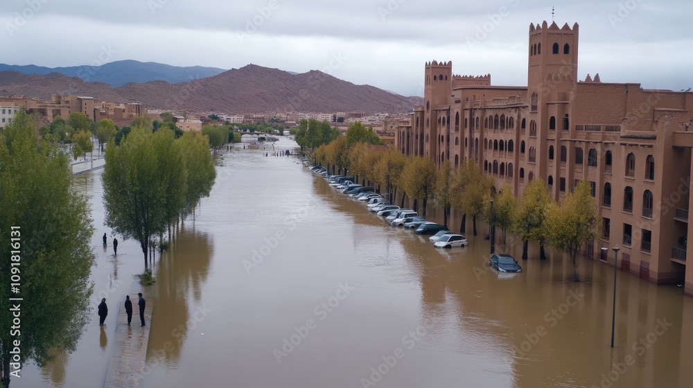 Obraz premium Flooded Moroccan city street after heavy rain with people and cars navigating the waterlogged road