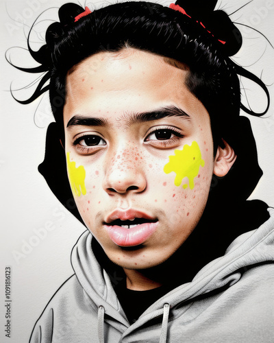 Artistic Portrait of a Teenager with Freckles, Yellow Face Paint, and Playful Hair for Creative and Editorial Use