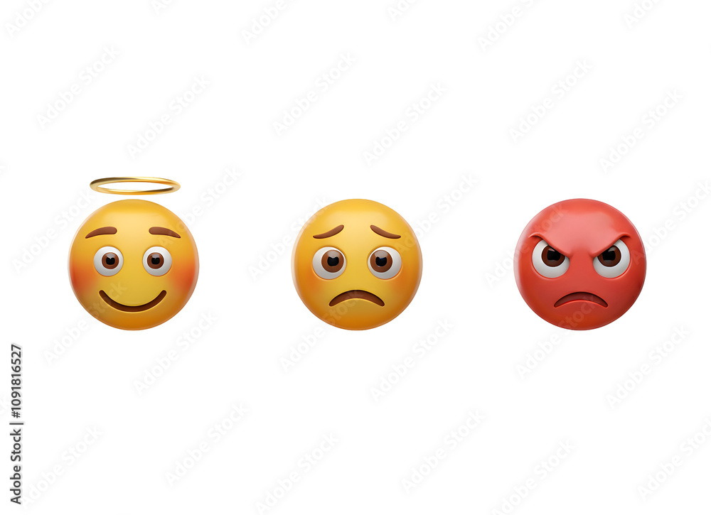 Obraz premium 3D Set of Emoticons Isolated. Round Yellow Faces with Various Emotions and Expression. Tear Smile Sad Love Happy Unhappy Like Lol Angry Wink Laughter Emoji Character Collection. Vector Illustration 