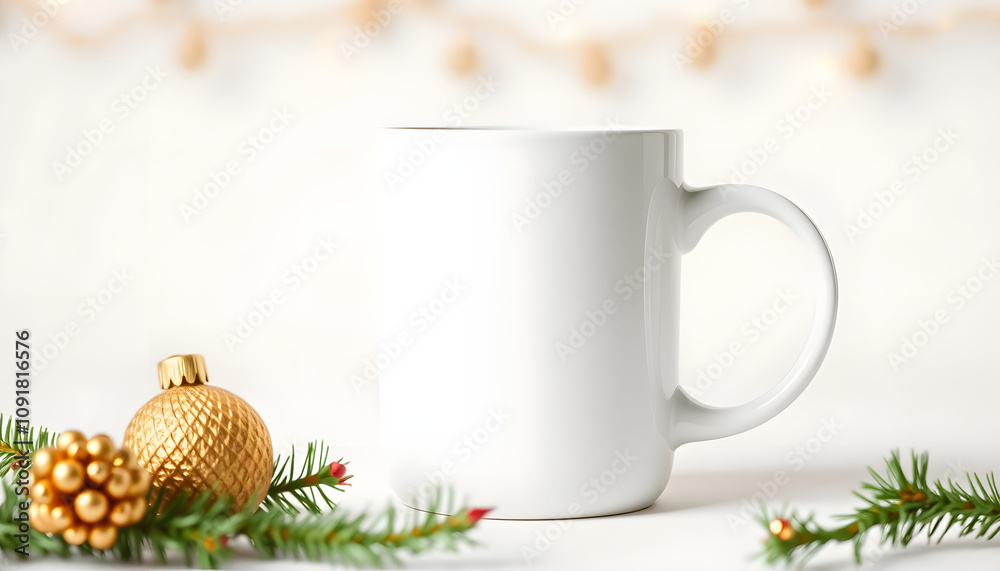 White ceramic coffee cup mockup with golden xmas decorations and copy space for your design. Front view 11oz cup background for Christmas promotional or souvenir imprint design isolated with white h White ceramic coffee cup mockup with golden xmas decorations and copy space for your design. Front view 11oz cup background for Christmas promotional or souvenir imprint design isolated with white h