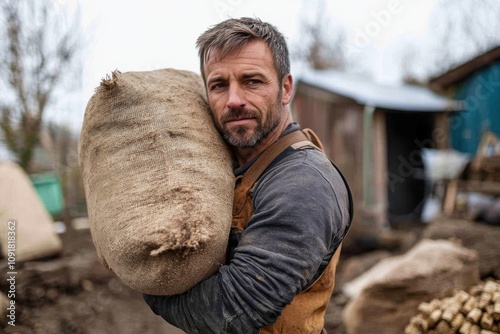 A rugged man is carrying a large sack on his shoulder in a rural landscape, with an expression of determination, embodying strength and perseverance against the odds. photo