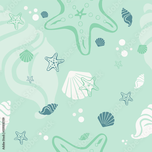 Beach shells and stars seamless pattern. Summer holidays background.