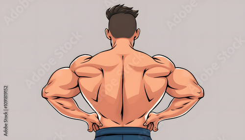 Rear view of charming muscular guy isolated with white highlights, png photo