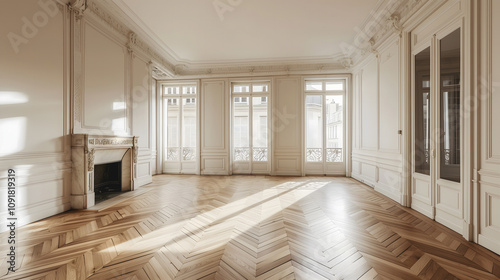 Un grand salon vide et moderne Haussmannien avec du parquet.