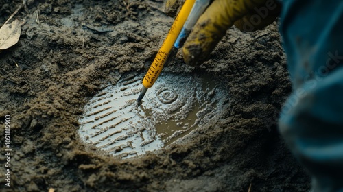 Close-up of a forensic scientist meticulously documenting a muddy footprint in the soil using a specialized tool. photo