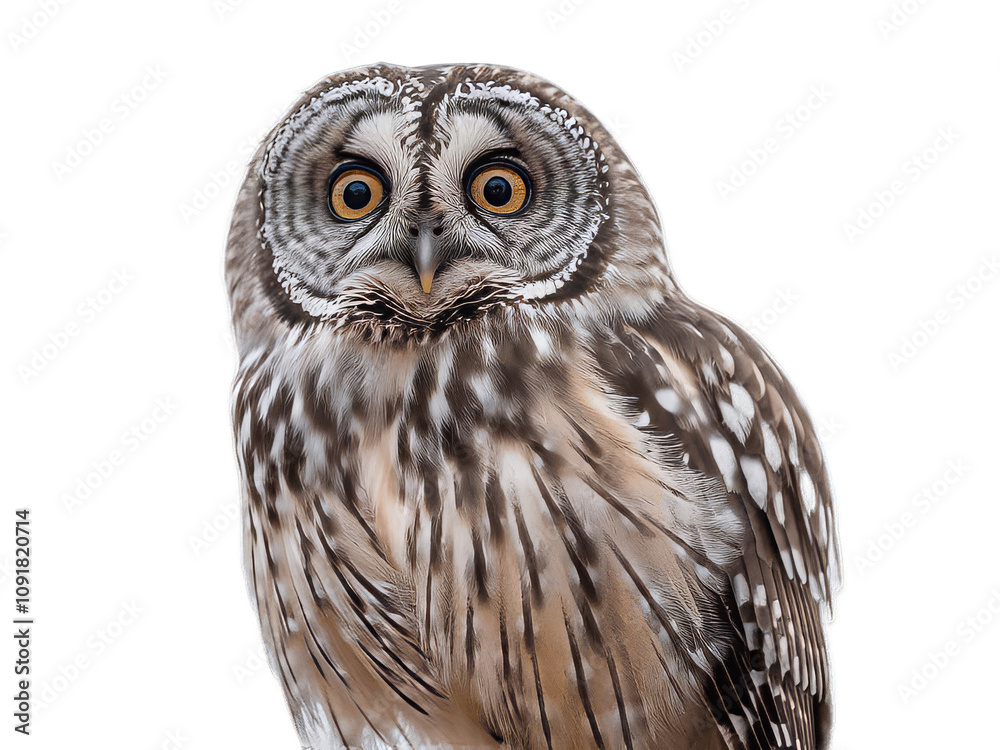 Obraz premium Close-Up of a Captivating Owl with Wide Open Eyes Perched on a Branch in Soft Lighting