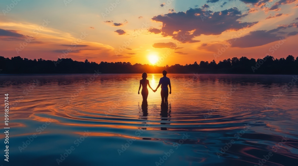 Fototapeta premium Couple holding hands in lake at sunset.