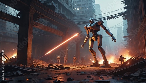High-tech robots targeting human survivors with destructive beams in a dark, ruined city, Generative AI