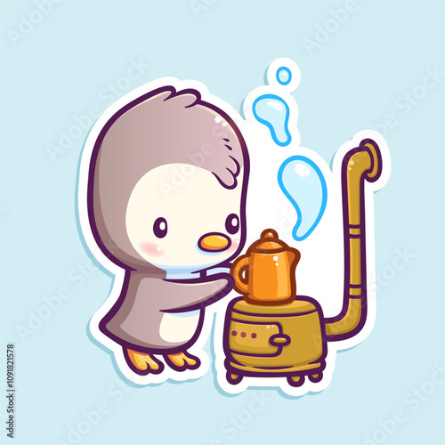 Vector illustration with cute little penguin boils a kettle on the stove isolated on white. Funny cartoon character for sticker design.