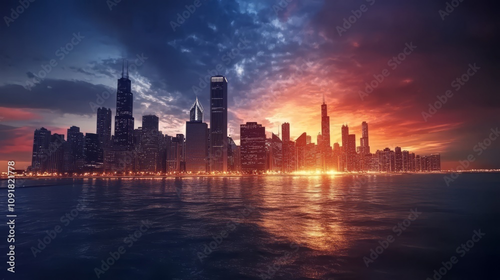 Fototapeta premium Dramatic sunset over city skyline reflected in water.
