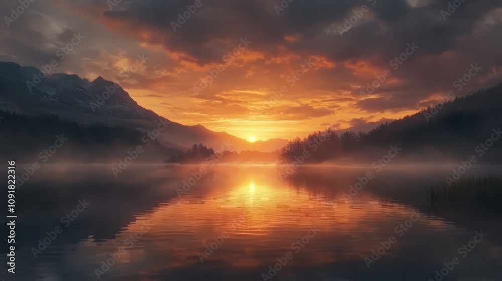 Fototapeta premium Fiery sunset reflecting on a misty lake, mountains in the background.