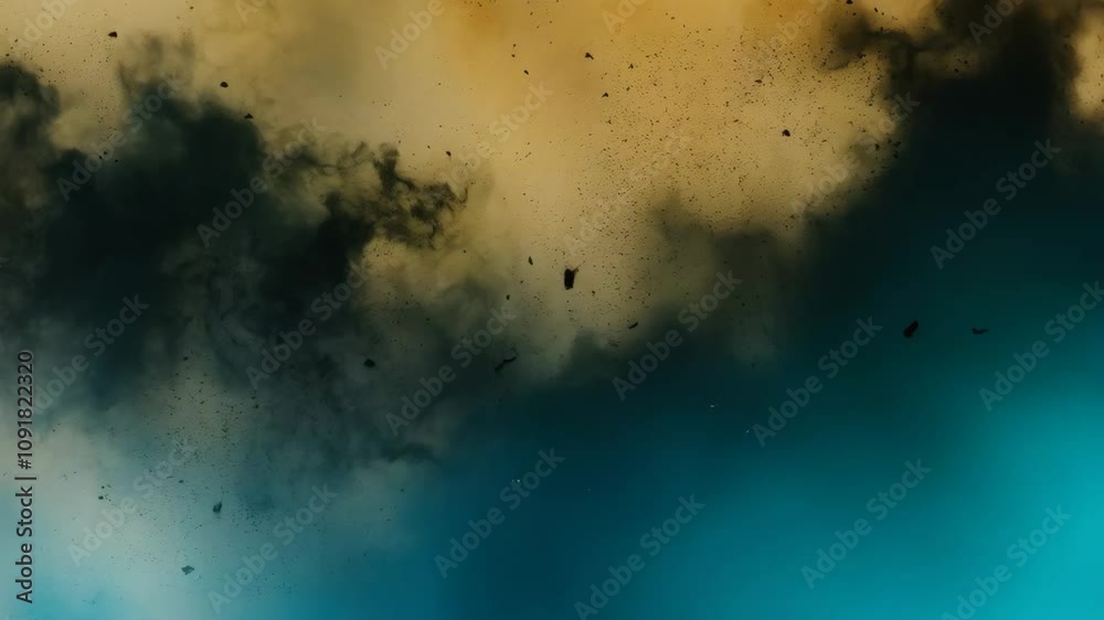 Abstract background with fire particles and sparks, smoke, debris and noise after natural disaster, catastrophe or bomb explosion. War, military operation concept. Backdrop for design war game