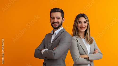 A professional business man and woman in suits confidently smiling with arms crossed against a vibrant orange background, symbolizing teamwork, success, and positivity in a modern corporate environmen photo