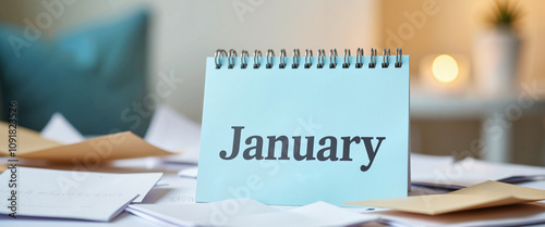 January calendar on desk with papers and soft lighting photo