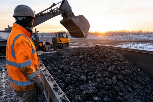 A worker in high-visibility clothing monitors the loading of coal into a vehicle at a construction site during sunset, capturing the essence of industrial labor in natural light. photo