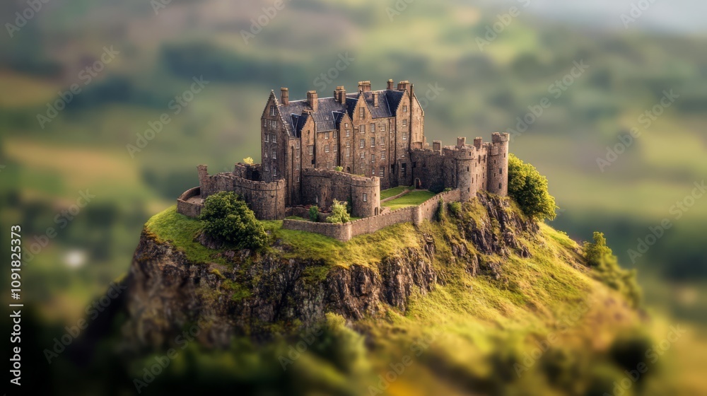 Fototapeta premium Majestic castle atop a hill, scenic landscape.