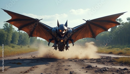 A giant robotic bat with steel wings and sonic shockwaves, swooping down on an abandoned battlefield, Generative AI