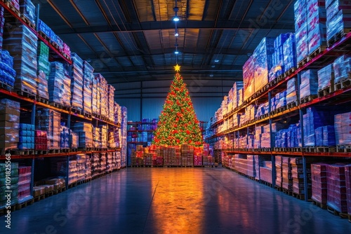 Christmas Tree in Brightly Lit Warehouse Storage