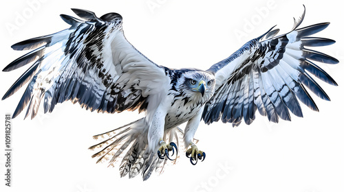 A majestic harpy eagle in mid-flight, wings fully spread and talons ready, isolated on white background. Majestic Eagle Flight. Illustration