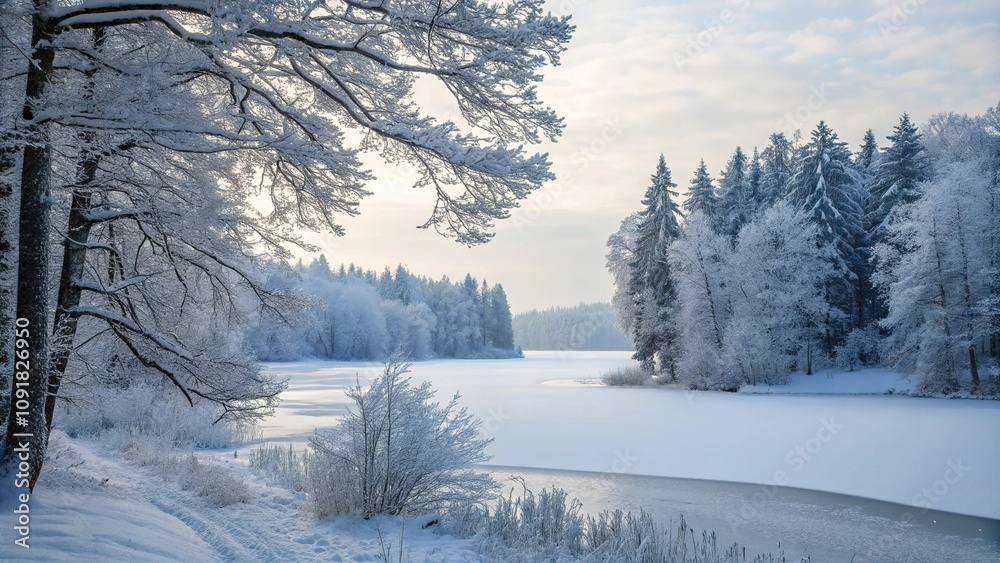 Obraz premium Winter wonderland scene with snow-covered trees and frozen lake, frosty mornings, winter wonderland