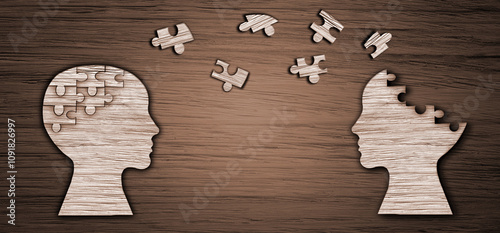 Heads and disorder jigsaw puzzle brain, world mental health day, Alzheimer and Psychology concept.