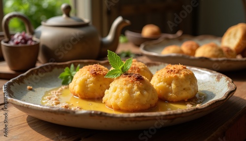 Golden-brown plum dumplings served with sauce on a rustic plate in a warm kitchen. Zwetschgenknödel  photo