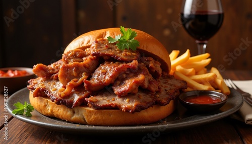 Succulent Bifana sandwich with marinated pork and fries, paired with red wine photo