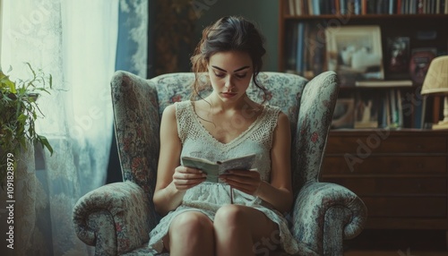 A Young Woman Reading a Book While Sitting in an Armchair photo