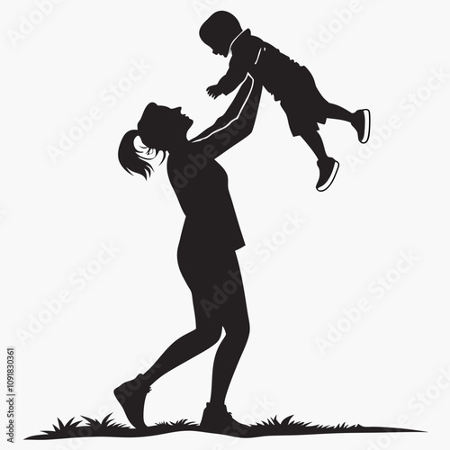 Silhouette of a woman holding and tossing playing with a baby. Vector illustration