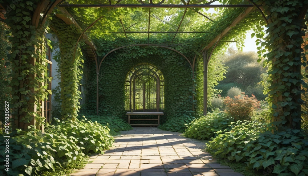Fototapeta premium A peaceful, secluded garden with ivy-covered trellises and soft sunlight filtering through the leaves, providing a sanctuary for quiet reflection, Generative AI