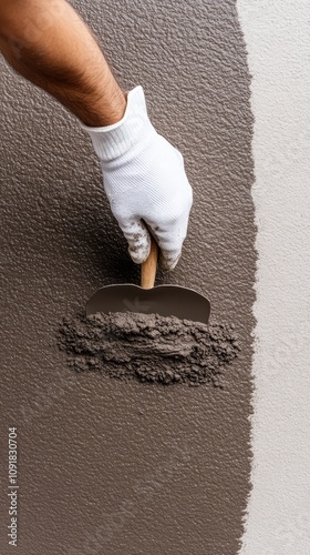 Male worker in white glove skillfully applying sanding emery paper to artificial leather carpet at construction site
